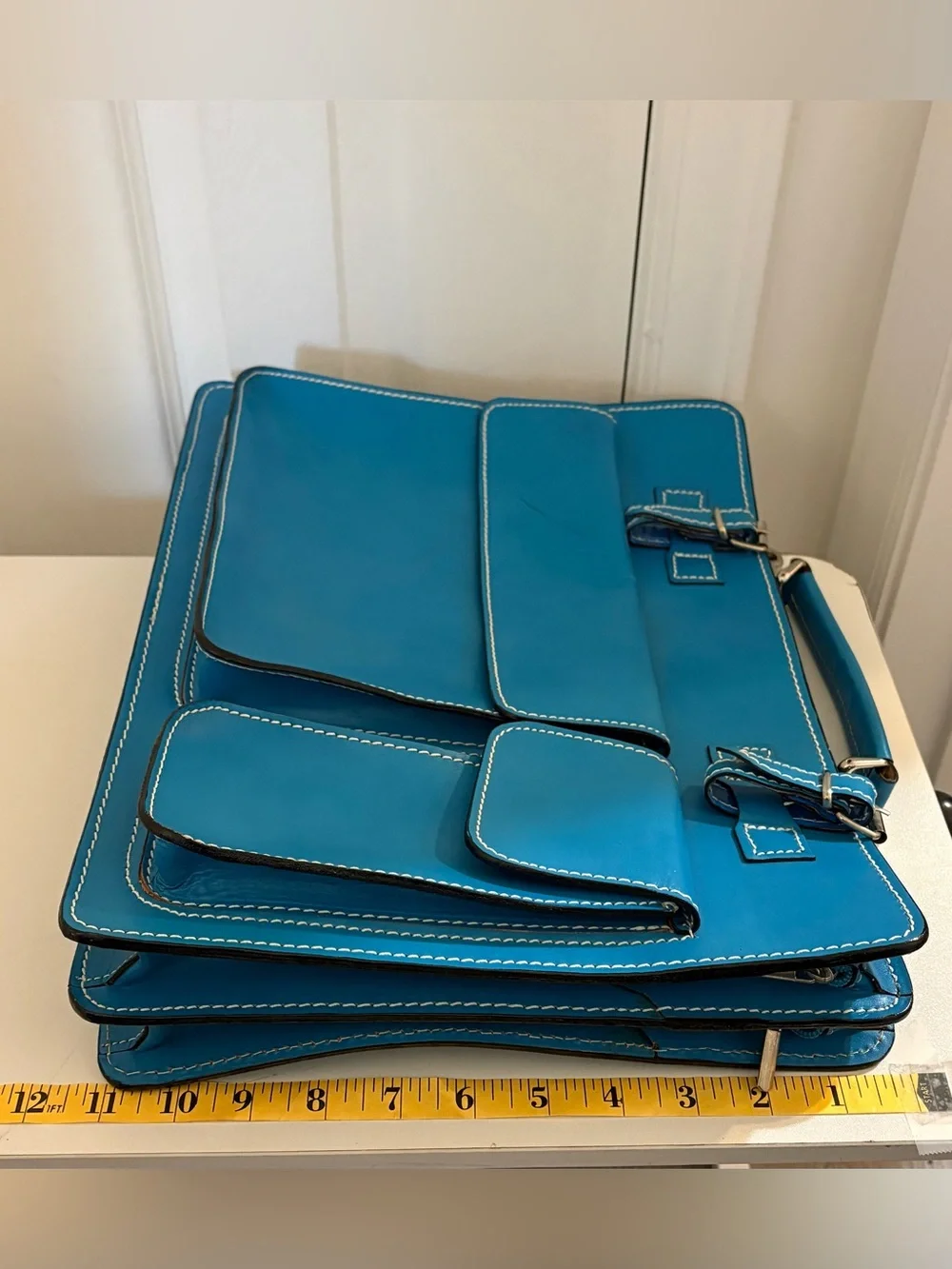 Blue Leather Laptop Bag with Front Pockets